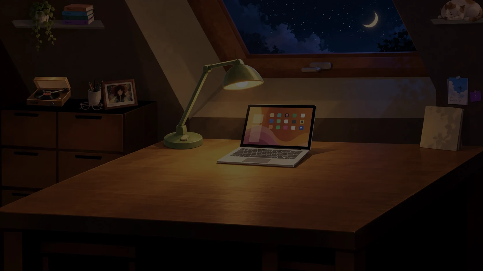 夜晚的工作室，桌上有电脑、台灯，天窗外是星空与弯月